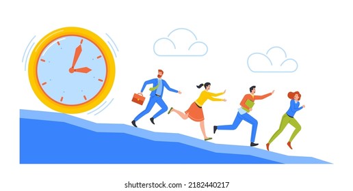 Business People Run Away from Huge Clock Down the Mountain. Man and Women Yelling Office Employees Lack of Time, Deadline, Stress. Company Characters Hurry with Job. Cartoon People Vector Illustration