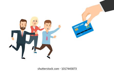 business people  run to catch a credit card