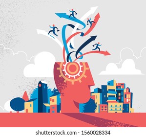 Business people run in different directions coming out of human head. Vector illustration