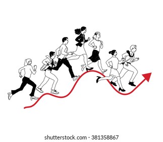 Business people run graph curves red line black isolate. Black and white vector illustration. EPS8