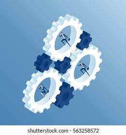 Business people run inside the gears and cause the mechanism to work. Businessmen running inside gear wheel, thereby rotating them isometric illustration. Business concept team and the system