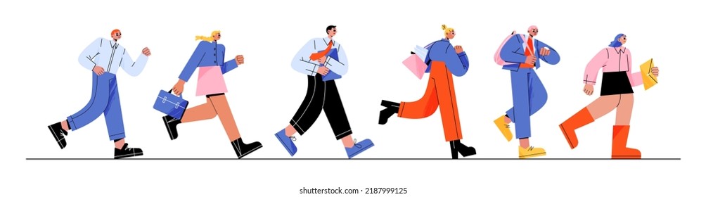 Business people run, late in office, anxious men and women hurry at work due to oversleep or traffic jam. Characters with bags and documents, stress work situation Line art flat vector illustration