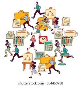 Business people run in office isolate white. Big group people. Color vector illustration. EPS8