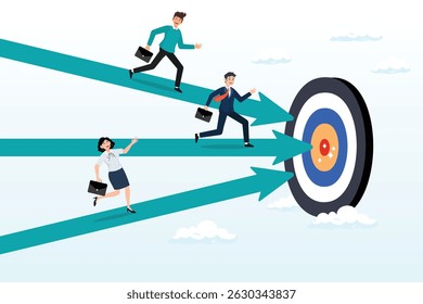 Business people run on arrow to target, competition or race to reach business goal or target, effort or challenge to achievement, motivation, progress or performance win business competition concept