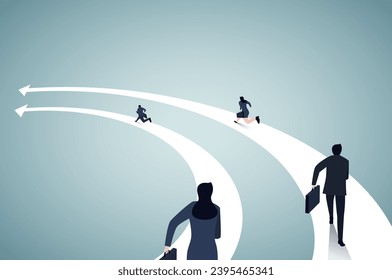 Business people run on the arrows. Concept business competition vector illustration. Flat business cartoon, Speed, Togetherness, Office Team, Back view.