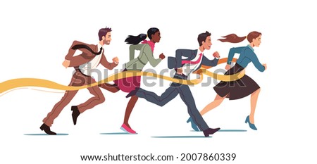 Business people run race crossing finish line ribbon. Team leader finish first. Businessperson man, woman colleagues win race competition achieving success. Leadership concept flat vector illustration