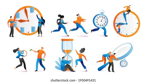 Business people run for time, interaction with deadline clock concept vector illustration. Infographic time management teamwork, isolated on white