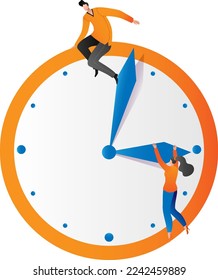 Business people run for time, interaction with deadline clock concept vector illustration. Infographic time management teamwork, isolated on white