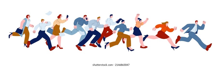 Business people run. Work team competition, man success in job. Person speed challenge, kicky adults in office suits running in group vector concept