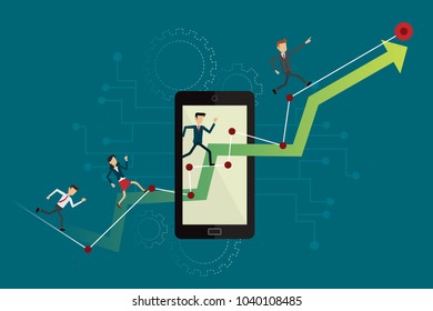 Business people runing on up graph path to goal on mobile. Vector illustration