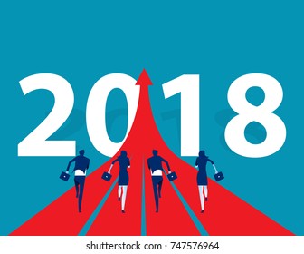 Business People Running To 2018. Concept Business Success Vector Illustration. Flat Design Style.