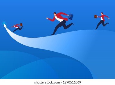 Business people running along the arrow towards the end