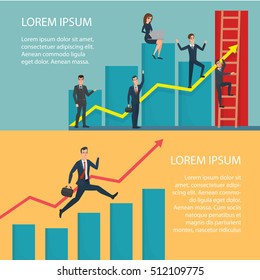 Business People Running Arrow Graph Up Climbing. Cartoon poster vector illustration. Banners for your web design in business style. Template for your text. Business characters set.