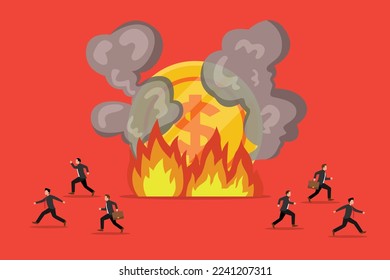 Business people running away from burning dollar coin 2d vector illustration concept for banner, website, illustration, landing page, flyer, etc.