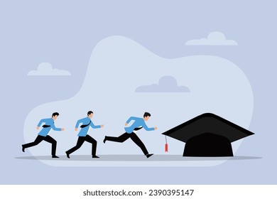 Business people running to big graduation hat