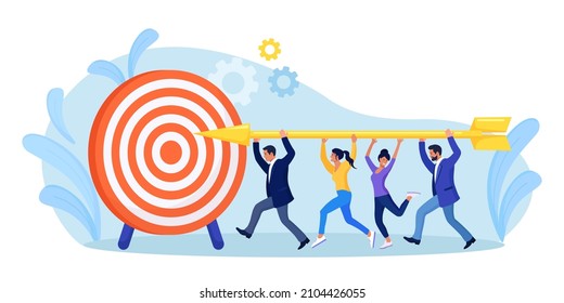 Business People Running, Carry Huge Arrow To Huge Target.  Successful Professional Team Hitting Aim. Good Work, Teamwork. Vector Design