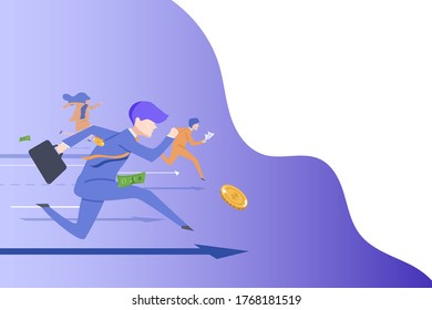 Business people running and competition each other with an arrow symbol, idea and inspiration concept flat design vector illustration