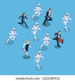 Business people running competition with robots isometric 3d vector illustration concept for banner, website, illustration, landing page, flyer, etc.