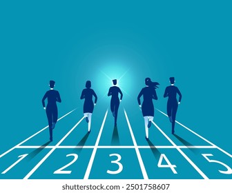 Business people running forward on their respective tracks sprinting first. The pursuit of winning confidence vector concept

