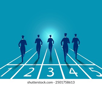 Business people running forward on their respective tracks sprinting first. The pursuit of winning confidence vector concept

