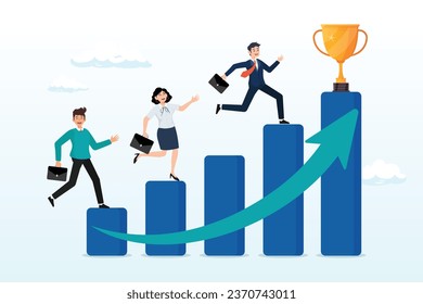 Business people running up graph to trophy, growth to success, team achievement or teamwork to achieve target, career development or business strategy to win or victory, growing business (Vector)