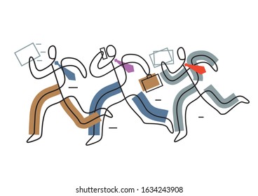 Business people running in a hurry. 
Three businessman with suitcase and papers, lineart stylized. Isolated on white background. Vector available.