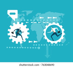 Business people running inside of rolling gears in front of world map. International business