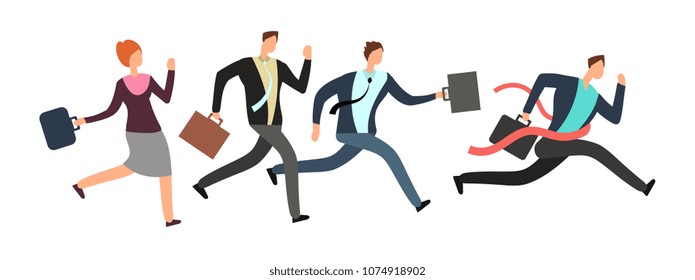 Business people running with leader crossing finish line. Teamwork and leadership vector concept. Success business man, people and businessman on competition illustration