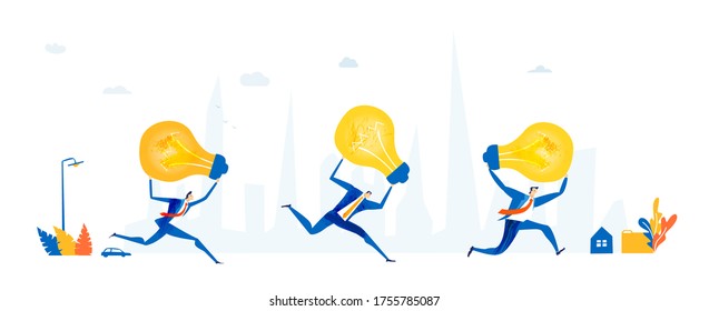 Business people running  with light bulbs in the city