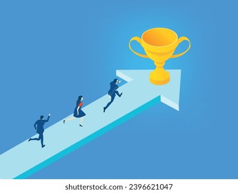 Business people running on arrow towards trophy, isometric business environment. Business, start up, achievement and competitive professional life concept  