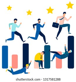 Business people running on the bar chart. Can use for web banner, infographics, hero images. In minimalist style. Flat isometric vector illustration