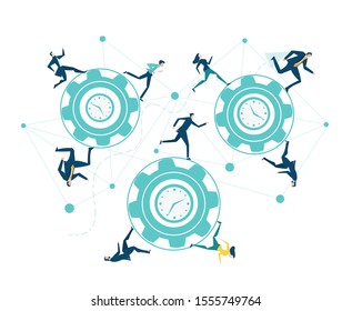 Business people running on gears. Business mechanism, moving fast, competitive recruitment market. Business concept illustration