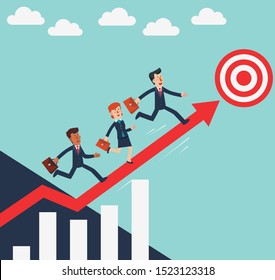 Business people running up on the growing graph arrow. Business success vector concept