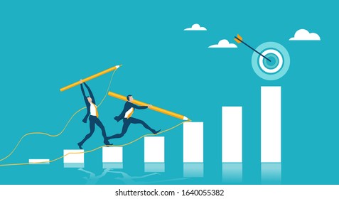 Business people running on growth chart bars and drawing line up with pen. Winning and finding right solution concept
