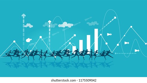 Business people running for the opportunity to get the better position in the City, career, competing and challenging for professional success. Business concept illustration
