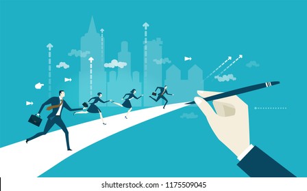 Business people running for the opportunity to get the better position in the City, career, competing and challenging for professional success. Business concept illustration