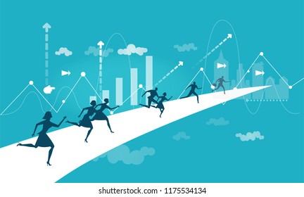 Business people running for the opportunity to get the better position in the City, career, competing and challenging for professional success. Business concept illustration