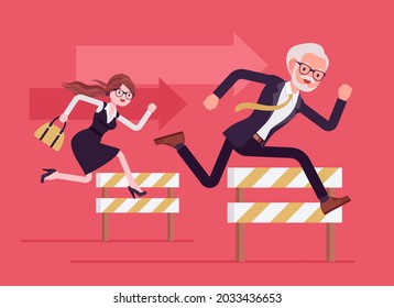 Business people running over barrier, try to overcome difficulties, obstacles. Office senior and young rivals, manager competitors, strong employees for achievement, to win. Vector illustration