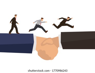 Business people running over connected hands like a bridge. Concept of business agreement or cooperation. Flat cartoon character vector illustration isolated.