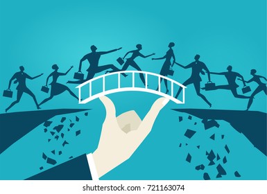 Business People Running Over The Safe Bridge Which In Holding By Businessmen Hand. Support, Coordination And Advisory Concept. 