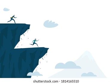 Business people running and ready to jump of the cliffs. Crisis, difficult situation, risk concept