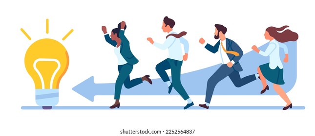 Business people are running to solve problem. Teamwork competition. Entrepreneurs leadership. Employees achievement. Businessman sprints to lamp bulb. Innovation idea