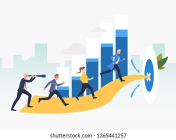 Business people running to target with bar chart in background. Goal, competition, growth, success concept. Can be used for topics like business, finance, marketing