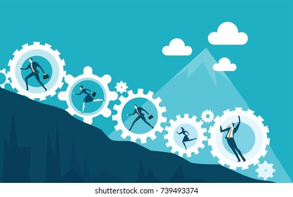 Business people running up to the top of mountain on the way towards the success. Concept illustration 