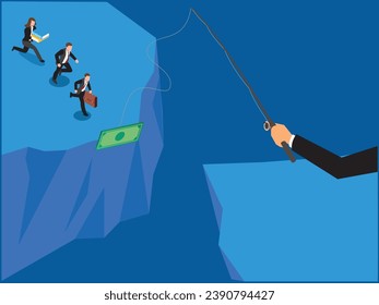 business people running towards the cliff after dangling dollar isometric 3d vector illustration concept