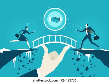 Business people running towards the safe bridge from the falling canyons. Opportunity and taking a risk concept illustration. 