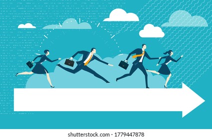 Business people running towards success. Business, finance industry background with business people working and solving the problems, workflow management. Leadership and business concept flat design.