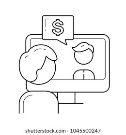 Business people running video conference on a computer vector line icon isolated on white background. Guy working on a computer line icon for infographic, website or app.