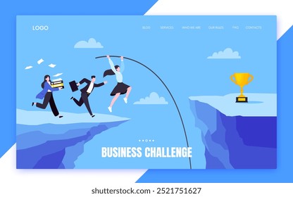 Business people runs and jumps pole vault over abyss flat style design vector illustration business concept. Business growth and goal achievement concept.