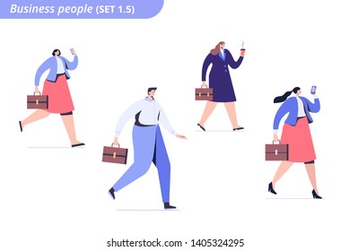 Business people rush to work side view. Walking people flat vector characters.